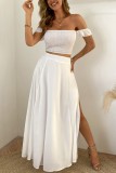 White Ruched Crop Top and Slit Long Skirt 2PC Matching Set