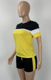 Casual Contrast Yellow Tee and Short Matching Two Piece Set