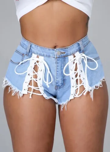 Light Blue Lace-Up Fringe Sexy Denim Shorts