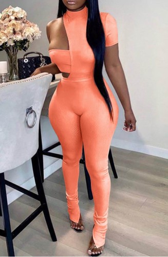 Orange Slit Bottom Sexy Irregular One Shoulder Tight Jumpsuit
