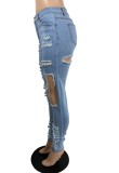 Blue Hollow Out Ripped Holes Tight Jeans