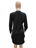 Black Long Sleeve Deep V Curve Hem Blouse Dress