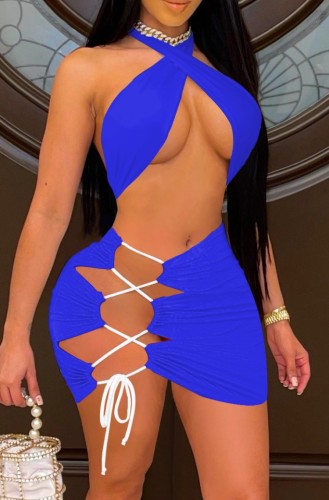 Blue Sexy Cross Neck Crop Top and Lace Up Mini Skirt Two Piece Set