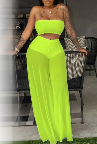 Green Bandeau Top and Wide Leg Pants 2PCS Set