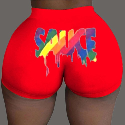 Print Red High Waist Sexy Tight Casual Shorts