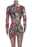 Sexy Floral Long Sleeve Crop Top & Ruched Drawstrings Mini Skirt Set