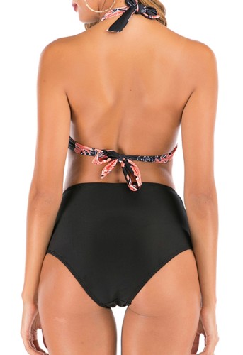 Print Black High Waisted Two Piece Halter Ruched Swimwear