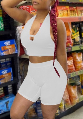 White Halter Crop Top and Biker Shorts Sexy Bodycon Two Piece