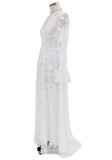 White Lace V-Neck Long Sleeve Backless Evening Dress