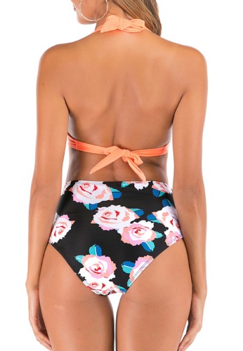 Floral Print High Waisted Two Piece Halter Ruched Swimwear