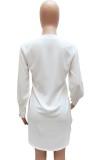 White Long Sleeve Deep V Curve Hem Blouse Dress