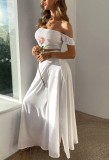White Ruched Crop Top and Slit Long Skirt 2PC Matching Set
