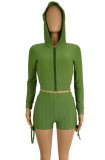 Army Green Textured Zipper Crop Hoodie and Shorts Sports Suit