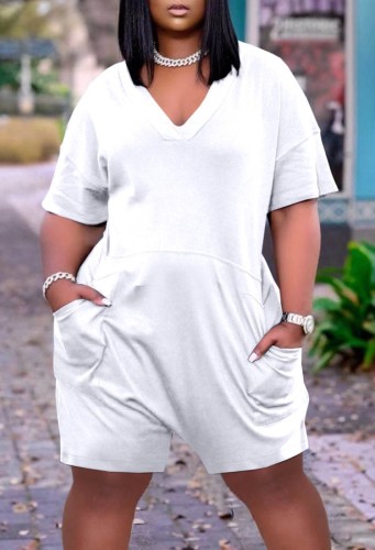 Leisure White Short Sleeve V Neck Loose Pocketed Rompers
