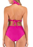 Hot Pink High Waisted Two Piece Halter Ruched Swimwear