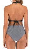 Striped High Waisted Two Piece Halter Ruched Swimwear
