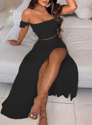 Black Ruched Crop Top and Slit Long Skirt 2PC Matching Set