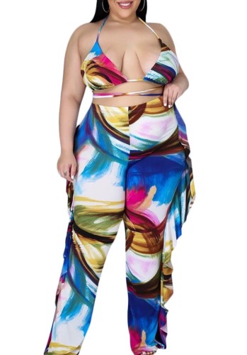 Plus Size Colorful Bra and Ruffles Pants Two Piece Set