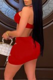 Red Sexy Halter Cross Neck Crop Top & Lace Up Mini Skirt 2PCS Set