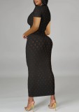 Black Hollow-Out Short Sleeve Long Curvy Dress