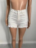 White Sexy High Waist Ripped Tassel Denim Shorts