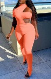 Orange Slit Bottom Sexy Irregular One Shoulder Tight Jumpsuit