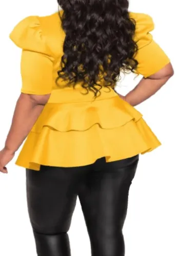 Plus Size Yellow Short Sleeve Peplum Top