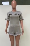Fitted Grey Ruffle Top and Shorts Two Piece Set