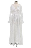 White Lace V-Neck Long Sleeve Backless Evening Dress