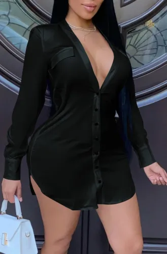 Black Long Sleeve Deep V Curve Hem Blouse Dress