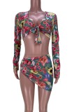 Sexy Floral Long Sleeve Crop Top & Ruched Drawstrings Mini Skirt Set