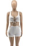 White Sexy Lace Up Croped Tank and Cut Out Shorts Two Piece Set