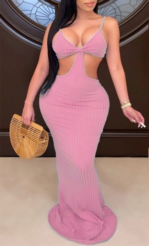 Hollow Out Pink Cami Ribbed Sexy Maxi Dress