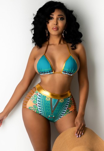 Print Metallic Patch Hollow Out Two Piece High Waist Swimwear