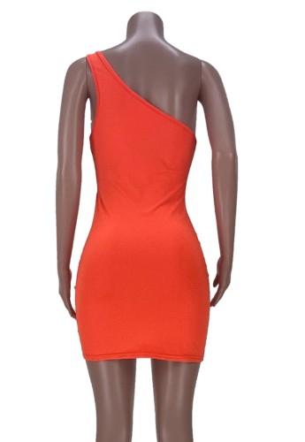 Orange Sexy One Shoulder Cutout Ruched Drawstrings Club Dress