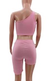 Pink Bodycon One Shoulder Crop Top and Biker Shorts Set