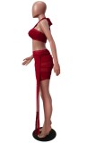 Red Sexy Mesh Halter Bandeau Top and Tied Mini Skirt Set