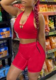 Red Halter Crop Top and Biker Shorts Sexy Bodycon Two Piece