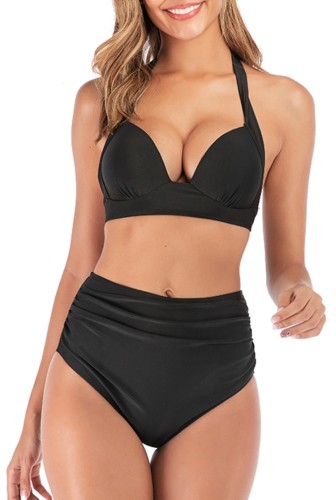Black High Waisted Two Piece Halter Ruched Swimwear