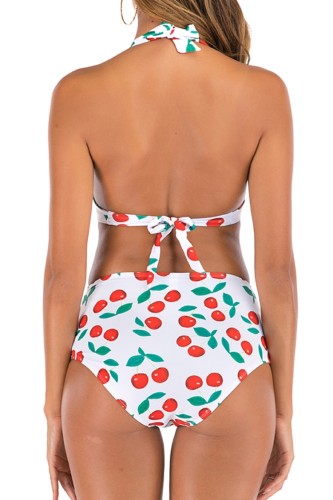 Cherry White Print High Waisted Two Piece Halter Ruched Swimwear