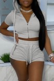 Grey Cropped Hoodie and Shorts Sports 2PCS Set