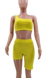 Yellow Bodycon One Shoulder Crop Top and Biker Shorts Set
