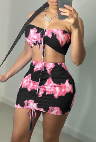 Print Ruched Bandeau Top & Drawstrings Mini Skirt Two Piece Set