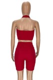 Red Halter Crop Top and Biker Shorts Sexy Bodycon Two Piece