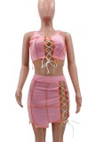 Pink Lace Up Sexy Crop Tank Top and Mini Skirt Set