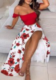 Print Red Ruched Crop Top and Slit Long Skirt 2PC Matching Set
