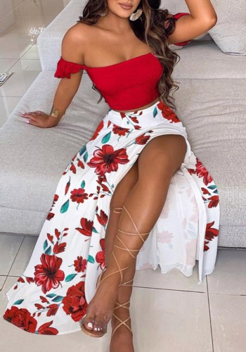 Print Red Ruched Crop Top and Slit Long Skirt 2PC Matching Set
