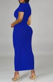 Blue Hollow-Out Short Sleeve Long Curvy Dress