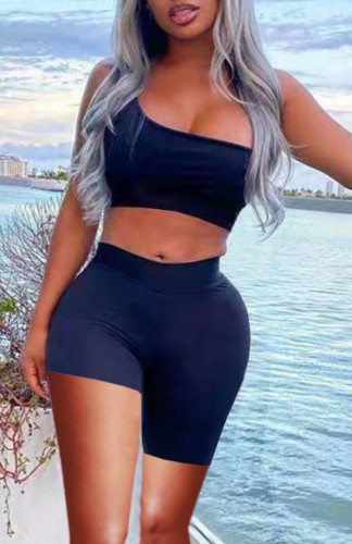 Black Bodycon One Shoulder Crop Top and Biker Shorts Set