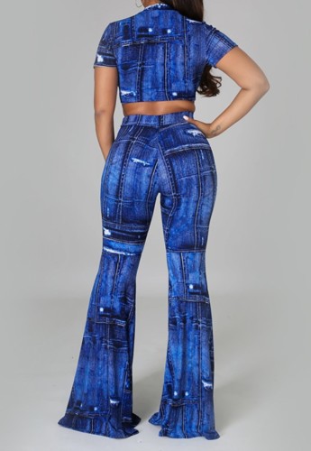 Print Crop Top and High Waist Flare Pants Two Piec Set